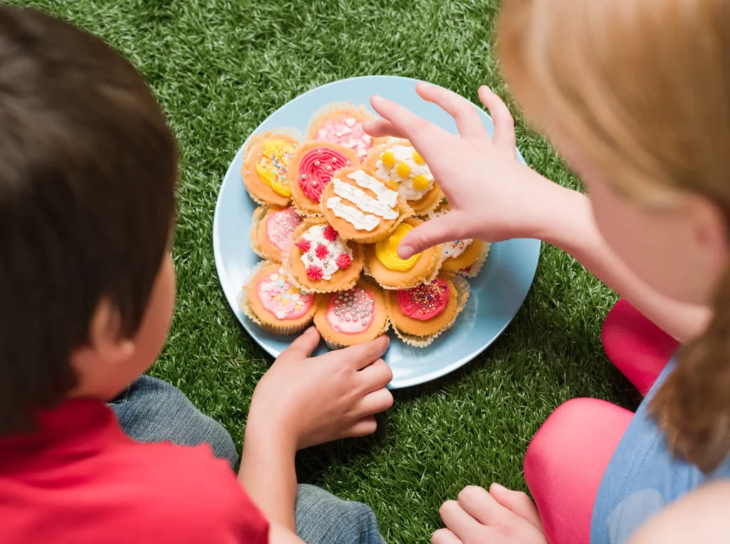 due bambini che prendono due pasticcini da un piatto